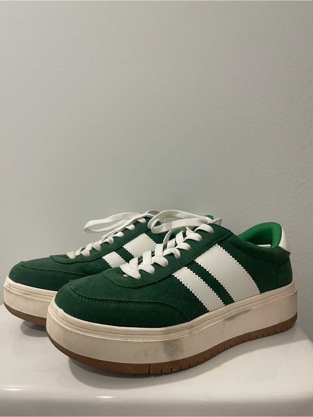 Madden Girl Green Suede Platform Sneakers with White Stripes